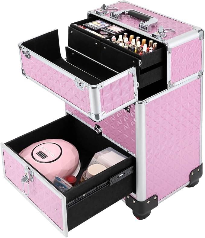 Rolling Makeup Train Case with Drawers, Cosmetic Travel Trolley, Storage Sliding Drawer 4 Tray Cosmetics Beauty Organizer Lockable Luggage Trolley w/ Wheels for Makeup/Nail Art/Hair Styling (Pink)