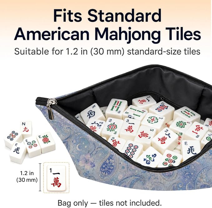 Boho Blue Dreamy Paisley Empty Mahjong Tile Bag 13x7.8 Inch | Preppy Floral Printed Portable Travel Case Organizer Zipper Pouch for American Mahjong Tiles Game Night Accessories and Gifts