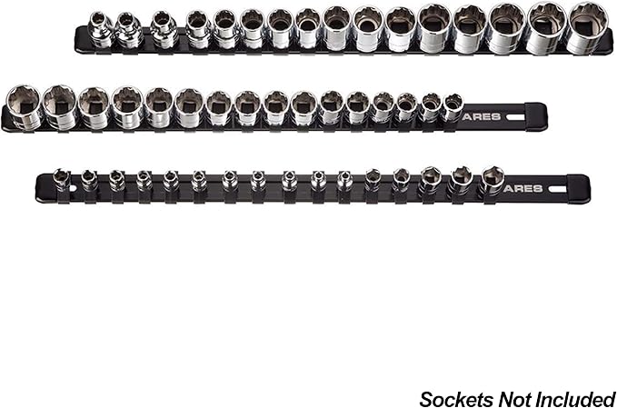 ARES 70087 3-Pc 1/4,3/8,1/2-In Socket Rail | Part No. 70087; 1/4-Inch, 3/8-Inch, and 1/2-Inch Drive Rails Hold 48 Sockets and Keep Your Tool Box