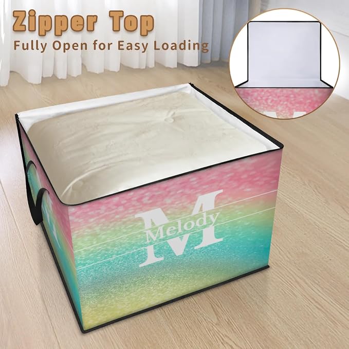 Personalized Storage Bags Large Organization Storage Containers for Comforters, Bedding, Blanket Foldable Organizer with Reinforced Handle, Colorful Pink Yellow Blue Glittering with Initial Letter