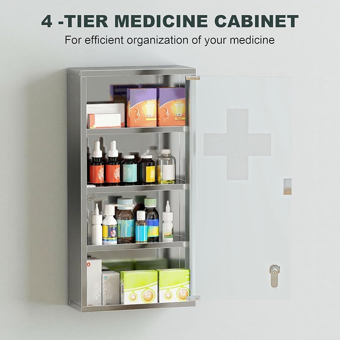 HOMCOM Wall Mounted Medicine Cabinet Lockable Wall Cabinet Silver 12" x 24" | 4 Tier Shelves, Stainless Steel Frame, Glass Door, 2 Keys