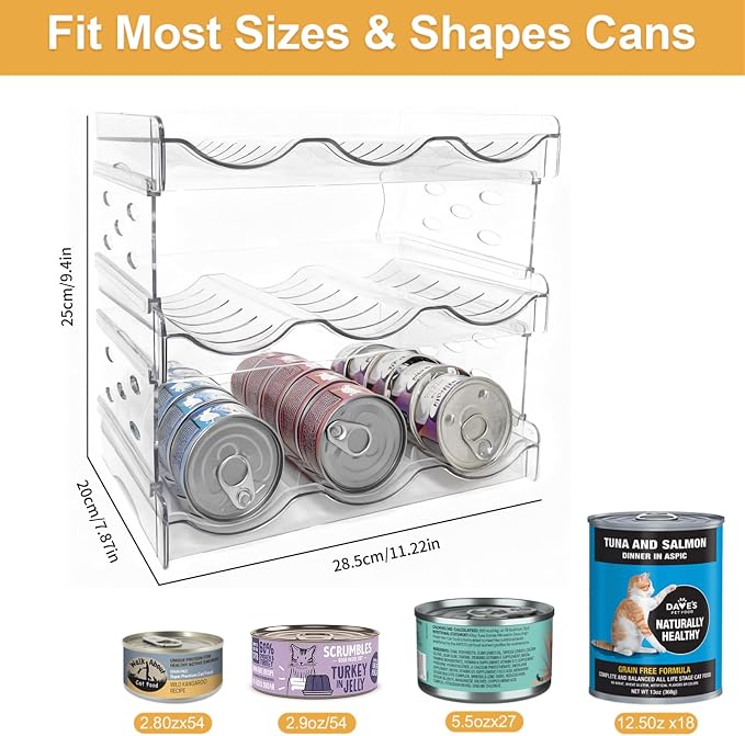 Cat Food Can Organizer 3-Tier Hold 54 Cans 3.5oz Transparent Cat Can Rack | Wet cat food storage rack suitable for kitchen cabinets and storage cabinet countertops,Suitable for multi size cans