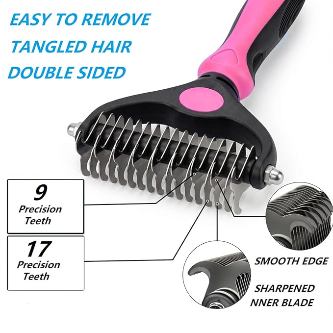 PETIMP STORE 4PCS Self Cleaning Slicker Brush, Pet Grooming Rake, Bath Brush & Massage Brush for Short/Long Haired Dogs, Cats & Horses, Pet Grooming Deshedding Tools - Pet Supplies (Pink Black)