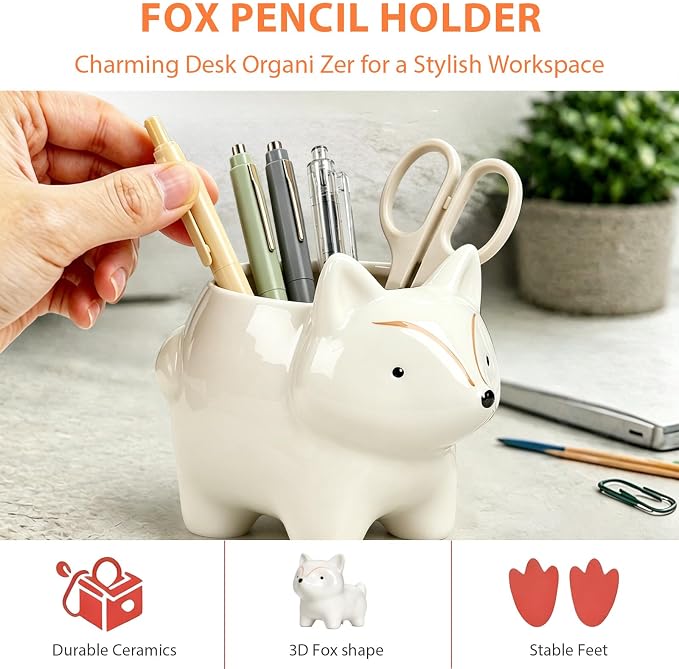 Ceramic Fox Shaped Pen Pencil Holder for Desk Decoration Accessories Fox Decor Makeup Brush Pen Cups Office School Ideal Gifts for Women, Mom or Birthdays