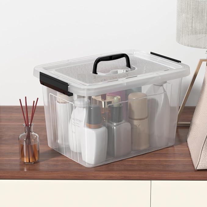 Clear Storage Latch Bin 12 Quart, Plastic Organizing Box, 6-Pack | Stackable Clear Containers with Secure Latching Lids / Black Handles, for Closet, Pantry, Garage, and Craft Storage