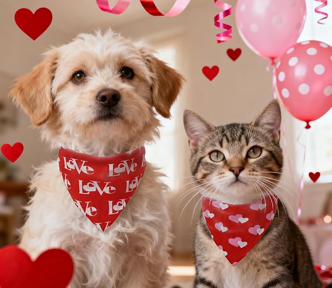 Valentines Dog Bandanas 2PCS-Small,Love Pet Scarf for Boys and Girls,Heart Bandana for Weddings,Parties,and Holidays,Dog Outfit Gifts for Small Dogs and Cats(Red)