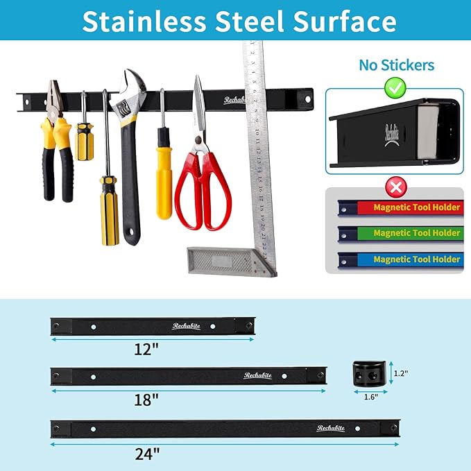 6 Pieces 12" Magnetic Tool Holder Strip, Black Magnet Bar, Metal Tool Organizer Rack for Garage Organization, Easy To Install in Workshop, Mounting Screws Included