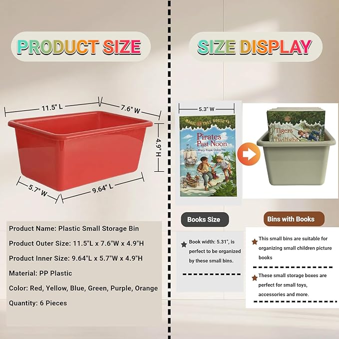 6 Pack Small Cubby Bins, Plastic Storage Containers for Classroom, Rainbow | Multi-Purpose Stackable Bin Organizer Storage Cubbies for Home, Playroom and Library, Shelf Bins, Book Bins