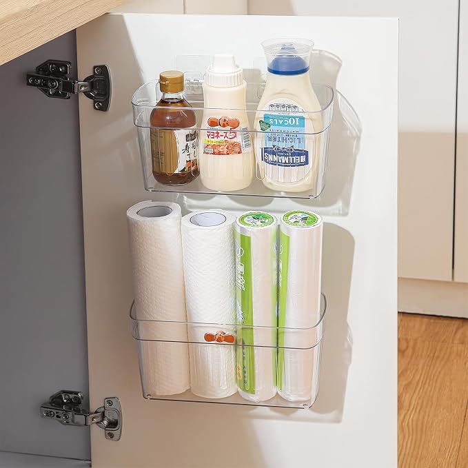 2 Pack Clear Acrylic Small Wall-Mounted Storage Baskets with Adhesive, No Drilling, Hanging Wall Mount Storage Bins for Kitchen, Pantry, Bathroom, RV
