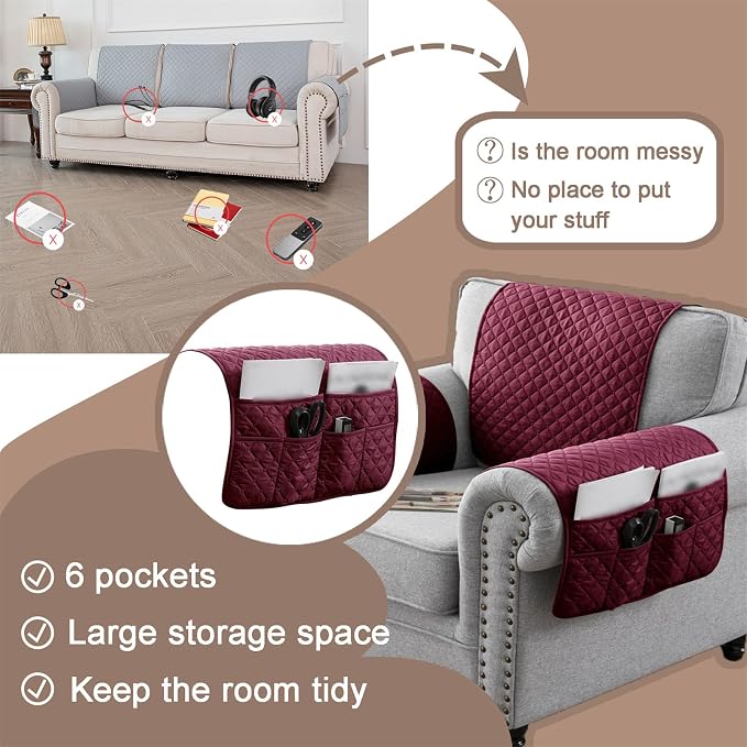 Water-Resistant Sofa Armrest and Headrest Covers with Side Pocket | Keep remotes close quilted polyester helps guard against wear, pet scratches, and kids' messes silicone backing adds grip