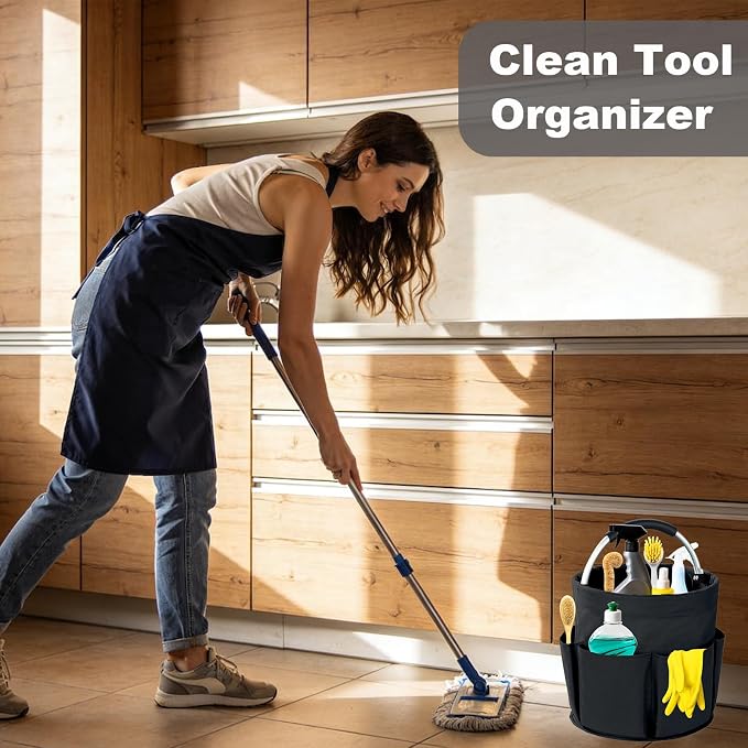Cleaning Caddy with Handle, 17L Foldable Cleaning Supplies Organizer, Portable Storage Basket, Cleaning Supply Caddy, Multifunctional Cleaning Bucket Bag for Garden, Home, Kitchen (Black)