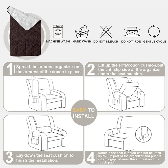 Recliner Armrest Cover with Headrest, Chair Armrest Slipcover with Side Pockets, Water-Resistant, Non Slip Furniture Protector for Pets (Chocolate,1 Seater 3PCS)