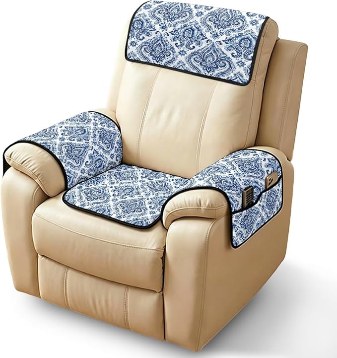 4 PCS Damask Recliner Chair Covers Blue Floral | Quilted Recliner Covers Washable Scratch Proof Retro Furniture Slipcovers Non Slip for Armchair Recliners Decor, Washable