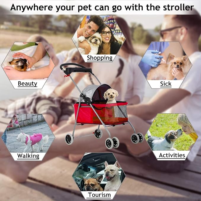 Cat Dog Stroller for Small & Medium Dogs Up to 35Lbs Kitten Doggie Cage Waterproof Foldable Travel Carrier Puppy Strolling Cart Durable 4 Wheels Large Pet Stroller Jogger with Cup Holders, Red