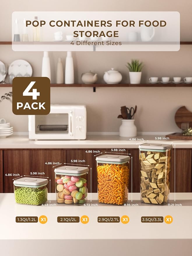 Airtight Food Storage Containers, 4-Piece Set, 1.3-3.5 Qt, Pop-Top Lids | Stackable Pantry Jars with Measurement Marks for Flour, Sugar, Cereal, Oats, Pasta, Snacks, Baking and Small Kitchen Storage