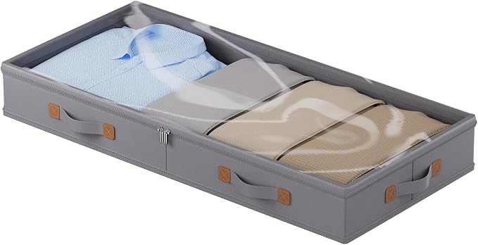 FHSQX Under Bed Storage Container 3 Inches Low Profile Under-bed Organizer Bins Slim Under Couch Storage Box Ideal For Seasonal Clothes Blankets Towel Fabric (1, Drak Grey, 31.5 * 17 * 3in)
