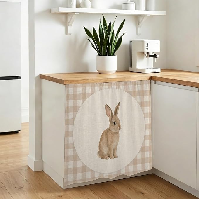 Rabbit Plaid Cabinet Dishwasher Hidden Curtains, Privacy Closet Door Curtain, Rustic Farmhouse Checkered Retro Animal Adhesive Dust Proof Under Sink Skirt for Bathroom Kitchen 35"x35"