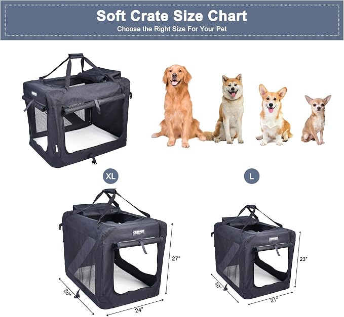 Jespet 3 Door Soft Dog Crates Kennel for Pets, Folding Travel Pet Carrier | 3 Mesh Doors 36'' Dog House, Large Pocket, Easy to Install, Steel Frame, Removable Crate Pad, For Indoor & Outdoor