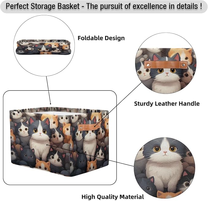 Cute Cats Storage Baskets Collapsible Storage Boxes Nursery Basket with Handles Fabric Storage Organizer Bins for Closet Shelves Book Cloth 15 X 11 X 9.5 IN