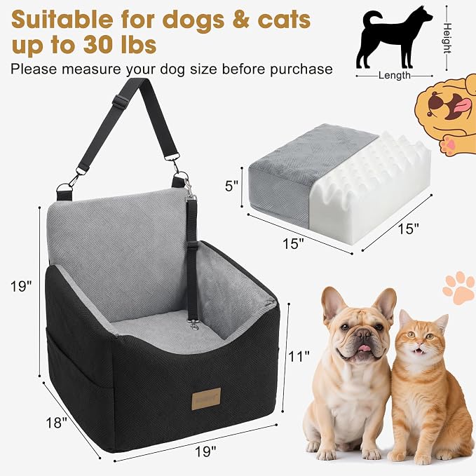 JOEJOY Dog Car Seats for Small Medium Dogs Under 35lbs, Dog Booster Seat with Detachable Washable Cover and Cushion, Memory Foam Pet Car Seat with Safety Belt and Storage Pockets (BLG)
