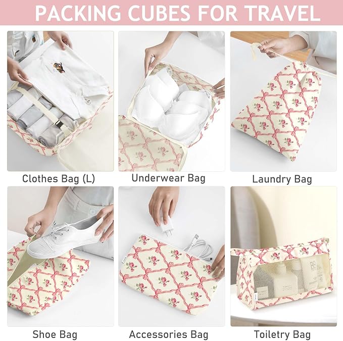 KPX 8 Set Packing Cubes for Travel, Luggage Packing Organizers Accessories Large Toiletries Bag for Clothes Shoes Cosmetics (8Set-Flower & Bow)