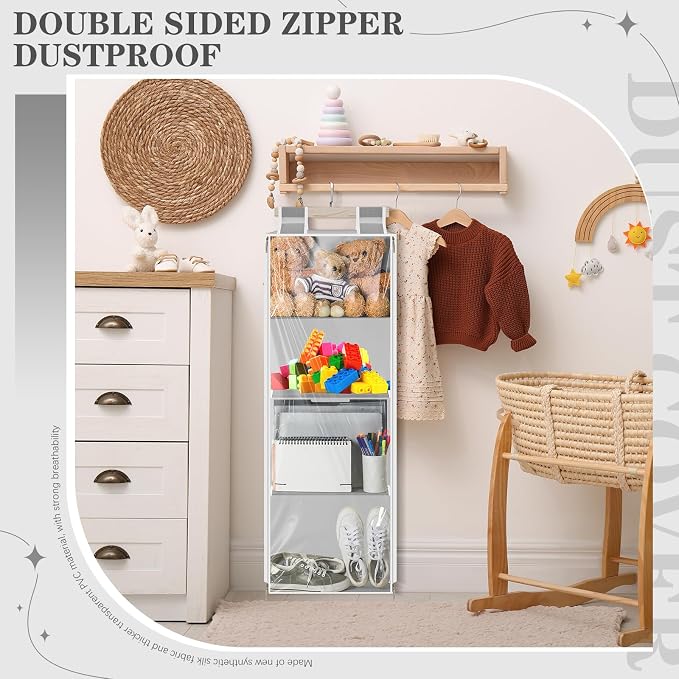 SATINIOR Hanging Stuffed Animal Storage with Zippers Dustproof over The Door Organizer with Large Pockets Different Hanging Methods for Shoes, File (Light Gray,4 Layer)