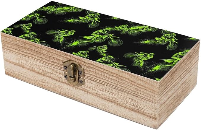 Wooden Box for Keepsakes Memory Boxes with Hinged Lid, Motocross Rider | Extreme Sports Green Black Jewelry Storage Case, Photo Organizer, Party Favor Decor Gift Box, 9.2"x5.5"x3.9"