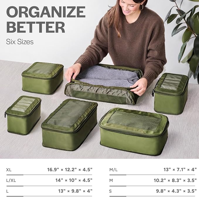 Compression Packing Cubes for Travel - Luggage Organizer Bags - Double Zipper Packing Cubes for Suitcases (12-Pack, Olive)