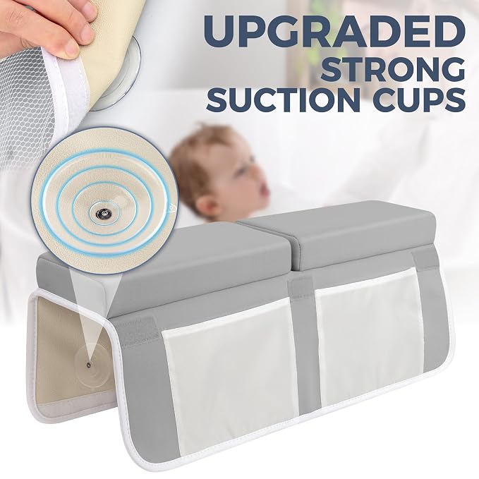 Bath Kneeler and Elbow Rest Pad Set, 1.5” Thick Bathtub Kneeling Mat | Cozy Memory Foam, Non-Slip 6 Suction Cups and 4 Toys Organizer Pockets, Quick-Dry Bath Kneeling Pad for Babies Toddlers