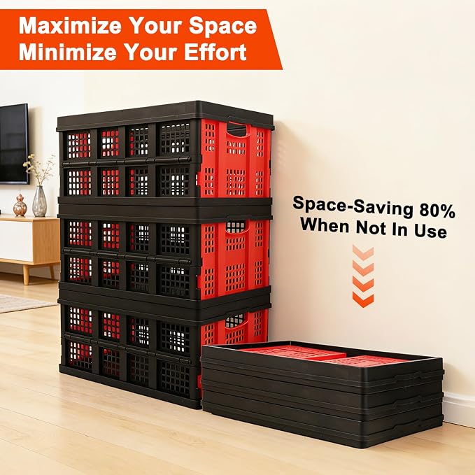 55L Collapsible Storage Bins with Handle 3 Packs, | Stackable Platic Storage Crates for Organizing Tools, Books, Food, Drinks, Camping & Home