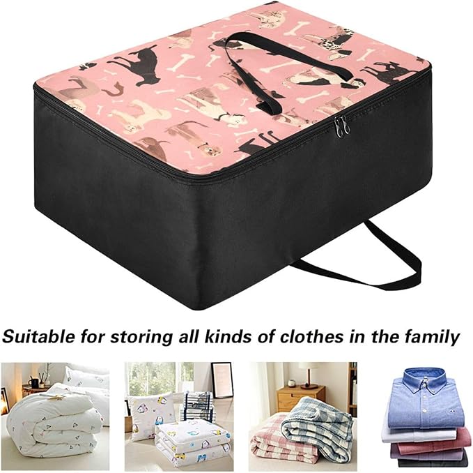 Comforter Storage Bags Large Folding Blanket Organizer Bag with Strong Handles Clear Window Closet Storage Containers for Clothes King Queen Pillows Bedding Quilt Duvet Pink Dog and Bone01