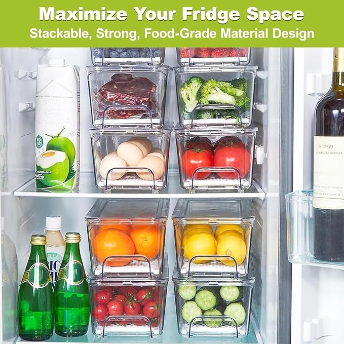 Fruit Storage Container for Fridge with Pull-Out Drawer, Drain Layer | 3 Pack, Keeps Fruits and Vegetables Fresh & Dry, Stackable Design, Clear View, Helps Reduce Odors, with Anti-Slip Base