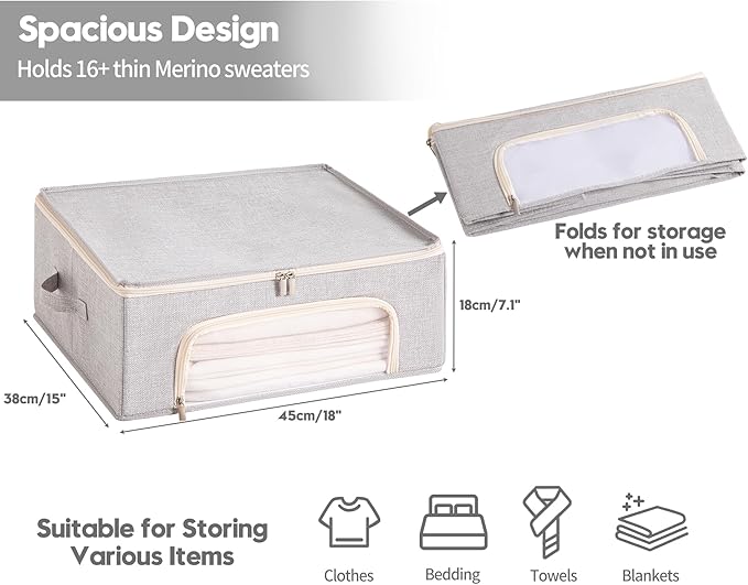2-Pack Cashmere Sweater Storage Bags for Wool with Cedar Blocks, Grey | Breathable Cashmere/Wool Garment Storage, Mesh Window, Rigid PP Support, Cedar Protection, Foldable Closet Clothes Storage
