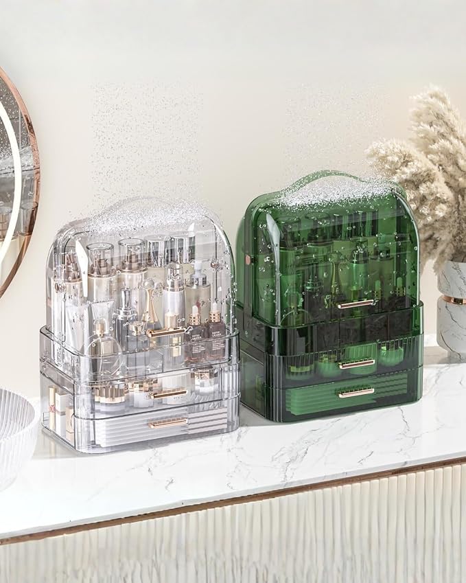 LINFIDITE Cosmetics Storage Box Transparent Lid Large Makeup Organizer Box Drawers Portable Handle Waterproof Dustproof Skincare Display Cases for Countertop, Bathroom, Dresser, PET,Clear Green