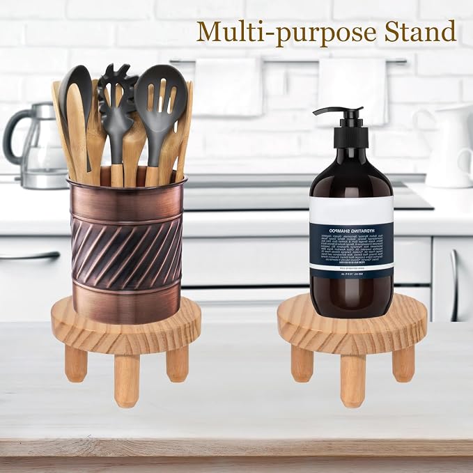 ARTORA Small Wooden Riser, Decorative Round Wood Desktop Plant Stand Mid Century Kitchen Counter Pedestal Stand for Centerpiece Pet Bowl Holder (Natural, 2 Pack)