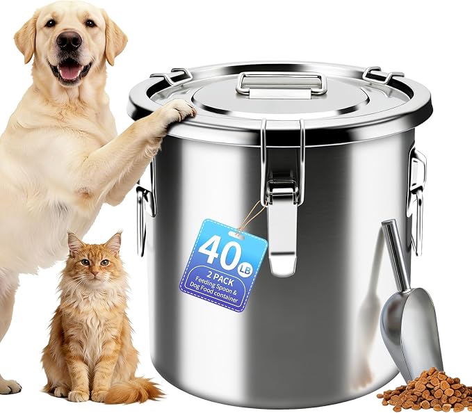 40 lb Stainless Steel Dog Food Storage Container, Airtight Metal Pet Food Storage Bin with Lid and Scoop, Large Dog Food Container for Dry Food, Keep Fresh, Easy to Clean