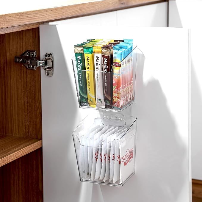 2-Pack Kitchen Cabinet Door Organizer Adhesive, Drink Packet Organizer | Hanging Storage Bins, Stick on Small Wall Storage Container, Clear Bathroom Under Sink Caddy Spice Rack for Pantry Organizer