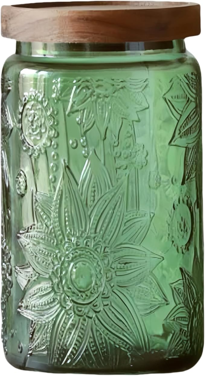 Vintage Sunflower Glass Canister, 34 oz Green Storage Jar with Wood Lid | Coffee, Tea, Sugar, Cookies, Candy, Pantry Shelf, Kitchen Counter, Bathroom Organizer, Laundry Detergent, Farmhouse Decor
