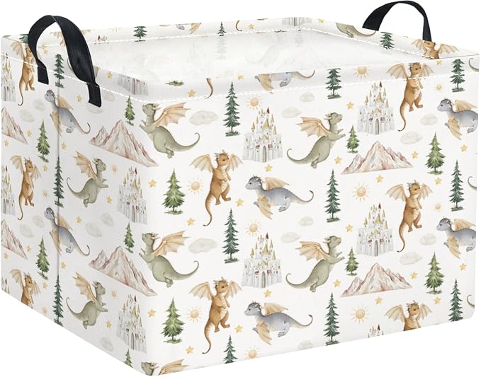Rectangular Kids Basket Baby Girl Basket Fabric Storage Bin Organizer Box Room Decor(Castle Dinosaur)