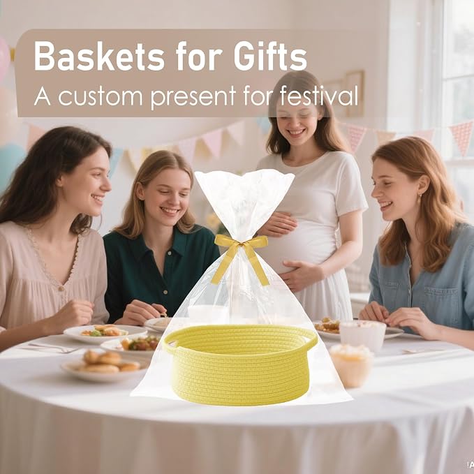 JMvicyroam Small Woven Basket, Empty Gift Basket, Yellow/3 Pack | Small Gift Basket, Cotton Rope, 12 x 8 x 41 in, Handles, Includes Ribbon and Bag, Birthday Gift Basket