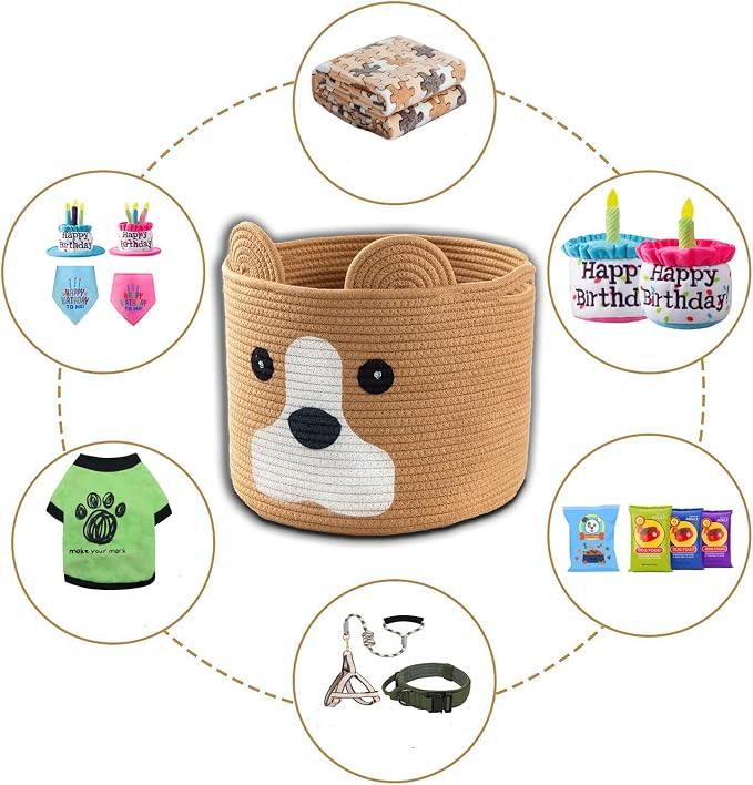 Medium Dog Woven Baskets with Handle, Dog Toy Hamper, Cotton Rope Dog Toy Storage Baskets for Pet, Animal Basket for Kids, Baby Gift Baskets for Dog Lovers, Khaki