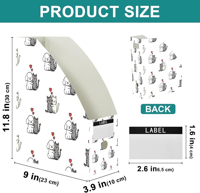 Love Between Pets Pattern 6 Pack Magazine File Holder Foldable Desk Storage Box for Book File Folders Vertical Magazine Organizer with Label for Home Office