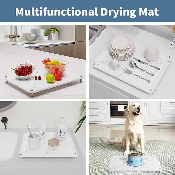 Dish Drying Stone, Water Absorbing Stone Dish Drying Mats for Kitchen Counter, Non-Slip Stone Drying Sink Tray Pad for Dish Bottles Cups, Diatomaceous Earth Sink Caddy Organizer, White Marble