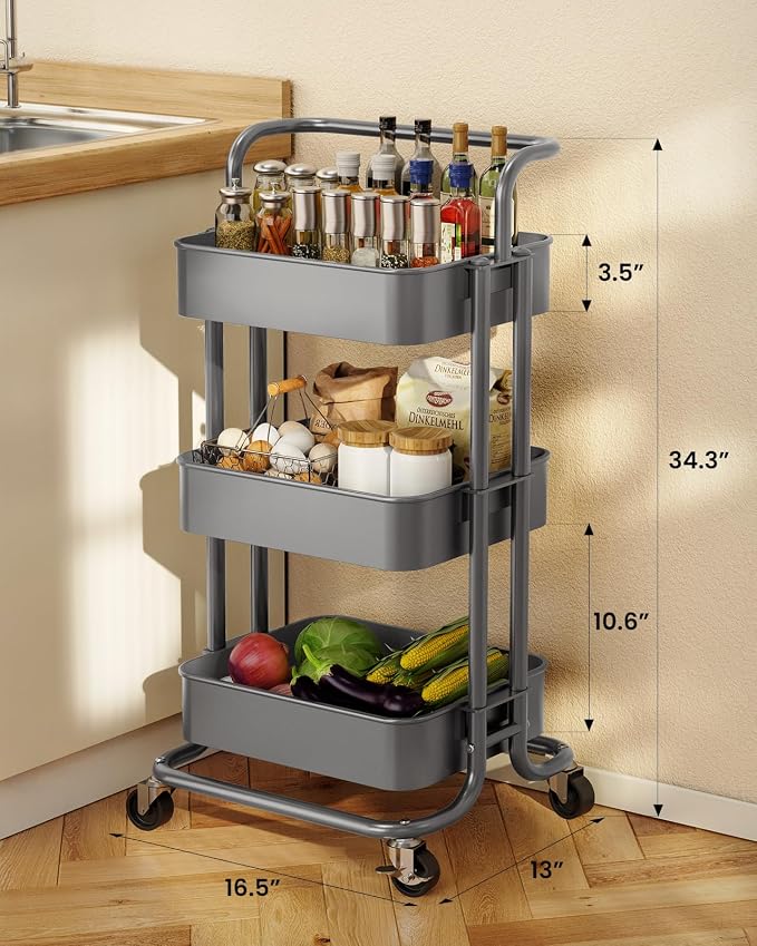 Pipishell Metal 3 Tier Rolling Cart with Handle & 2 Lockable Wheels, Gray | Four Large 2" Wheels for Easy Motion, Sturdy Metal, Hold 22 lbs per Shelf, Ideal for Nursery Room, Living Room, Painting Room