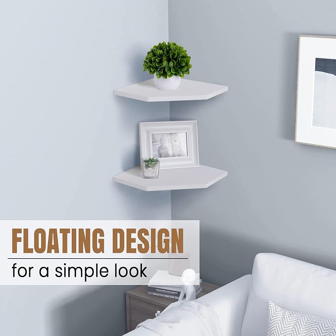 Fun Memories Corner Shelf Wall Mount, Floating Corner Shelves, Set of 2 Corner Wall Shelf Organizer, Rustic Wood Wall Storage Display Shelves for Living Room Bedroom Bathroom Kitchen, Rustic White