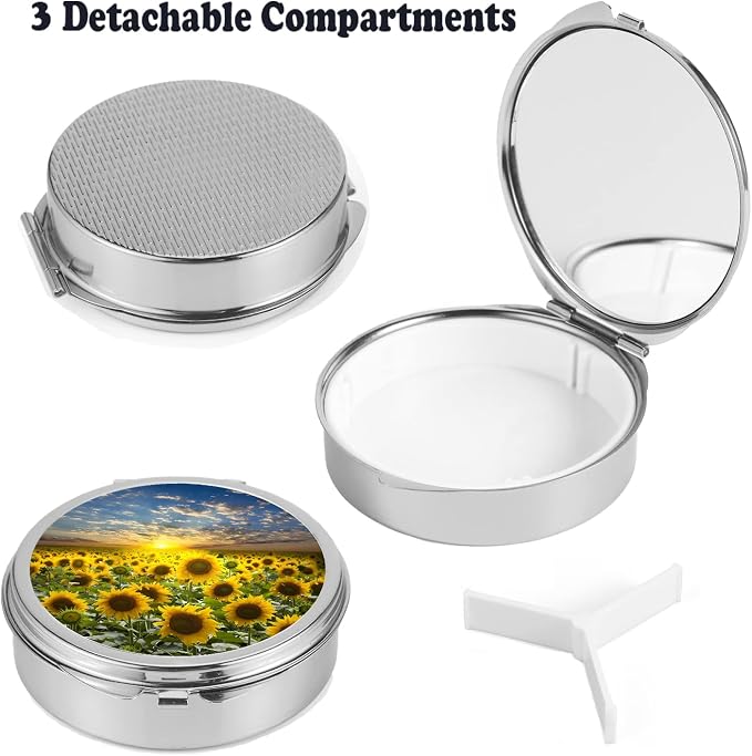 Small Pill Box 3 Detachable Compartments Pill Case with Mirror 2.4inches Pocket Round Medicine Organizer, Mini Portable Pill Organizer for Pocket Purse& Travel Convenience-Sunflower