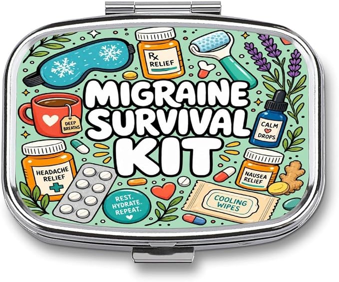 Colorful Migraine Survival Kit Illustration Two Compartment Pill Box Medicine Organizer, Portable Pill Case with Secure Snap Closure for Vitamins Medication Supplements Daily Use