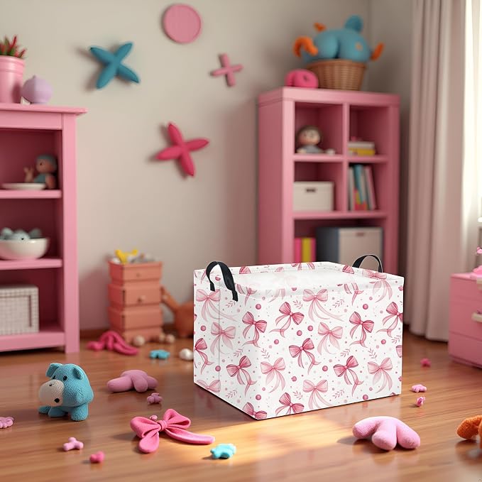 Rectangular Pink Basket for Girls Kids Baby Storage Basket Storage Bin Organizer Box Room Decor(Pink Bowknot)