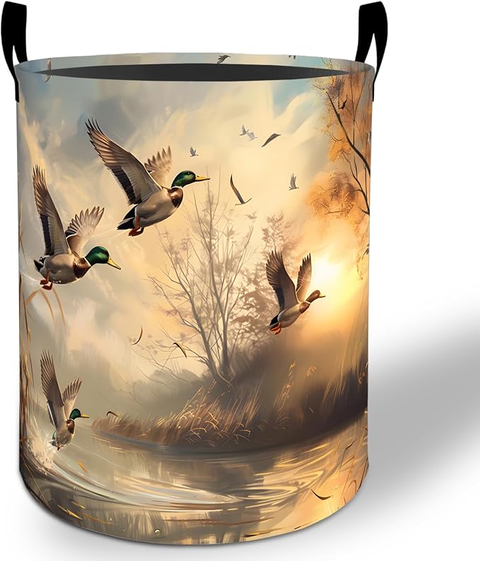 Mallard Duck Laundry Basket Hamper 19.7"x15.8", Wildlife Foldable Waterproof Oxford Clothes Storage Bucket for Room Bathroom Bedroom Nursery Decor, Toy Organizer Bins Gifts for Kids Boys Girls