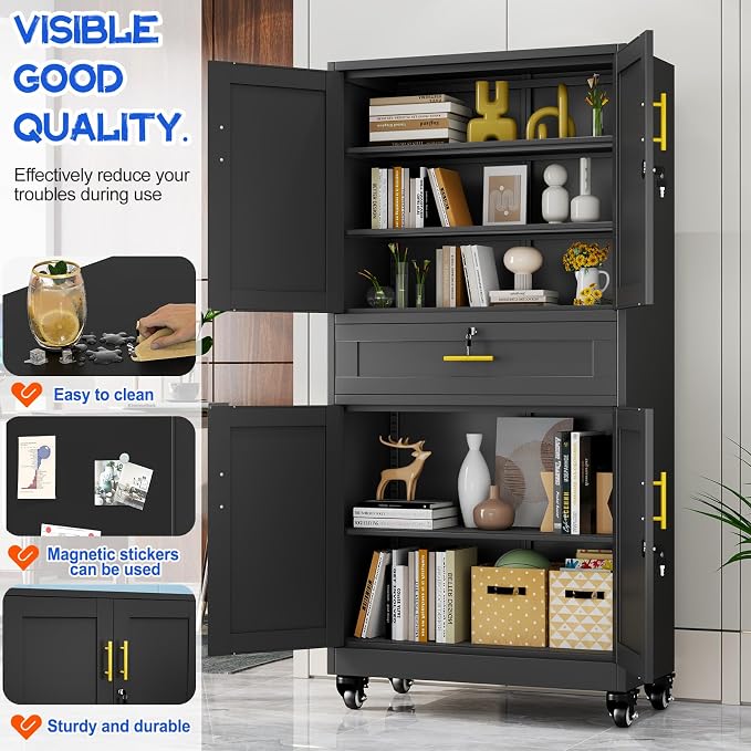 GAIOUS 74” Tall Metal Garage Storage Cabinet with Wheels and Drawer, Steel File Cabinet for Home Office, Tool Cabinet with 4 Locking Doors and 3 Adjustable Shelves, Rolling Cabinet for Garage-Black
